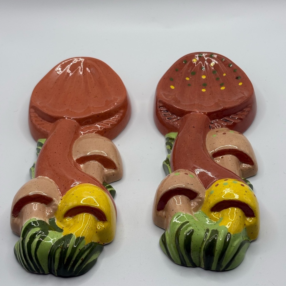 2 VTG hand painted Ceramic Mushroom Wall Hangings Decor 70s-80’s signed 9”